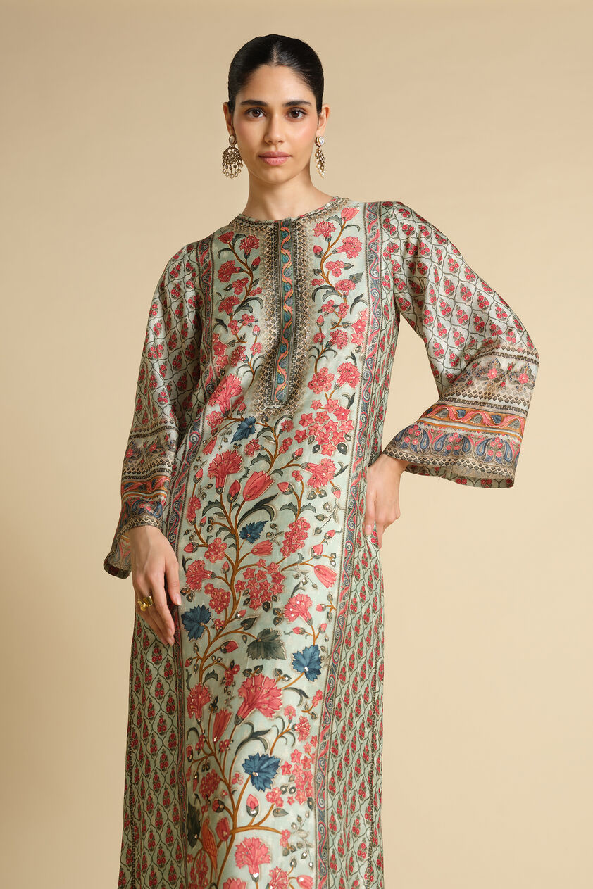 Azza Printed Silk Kaftan - Sage, Sage, image 4